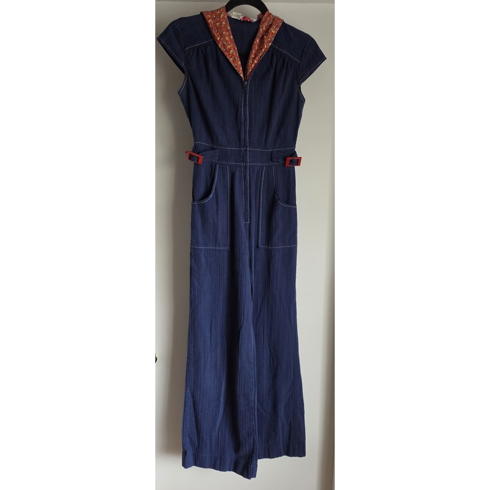 VTG 70s Jerell of Texas Women Jumpsuit Blue Red Sleeveless Wide Leg Hooded